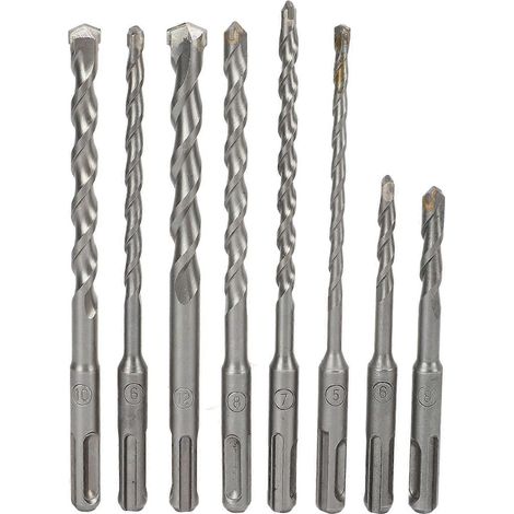 Juego de 8 brocas de martillo con punta de carburo y 2 ranuras para perforación de hormigón.