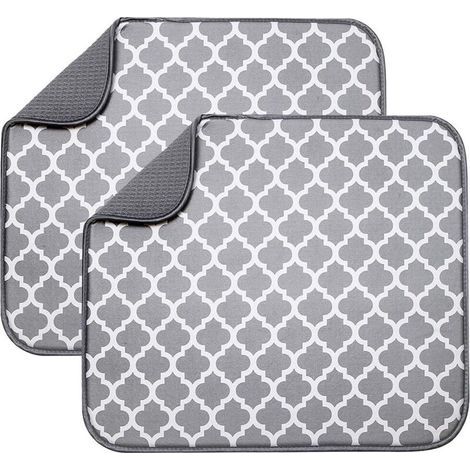 BUNTHAUS Lot de 2 tapis de séchage en microfibre pour égouttoir à vaisselle, tapis de séchage absorbant pour verre, assiette et tasse 40 cm x 46 cm, support gris