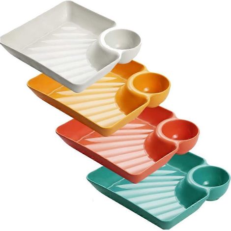 Ensemble de 4 assiettes à chips et sauces, plateau de service en plastique, assiette à raviolis avec soucoupe, plats de service compartimentés pour apéritifs (1/5)