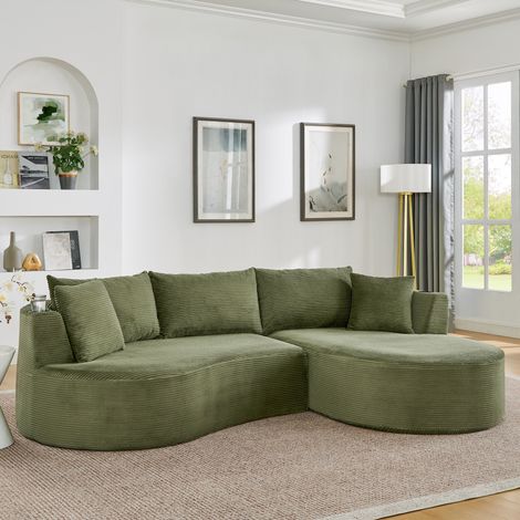 Canapé compressé 3 places, chaise longue droite + canapé 2 places, design en forme d’arche, tissu côtelé doux, avec porte-gobelet et coussins, emballé sous vide, pour salon, hôtel, appartement et bure (1/5)