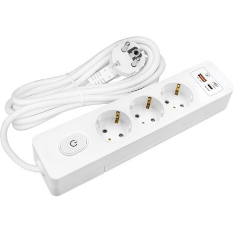 Multiprise SELDUR G3TH52B, 3 prises type F + interrupteur, USB A+C charge rapide 20W, Blanc, câble 5m (1/5)