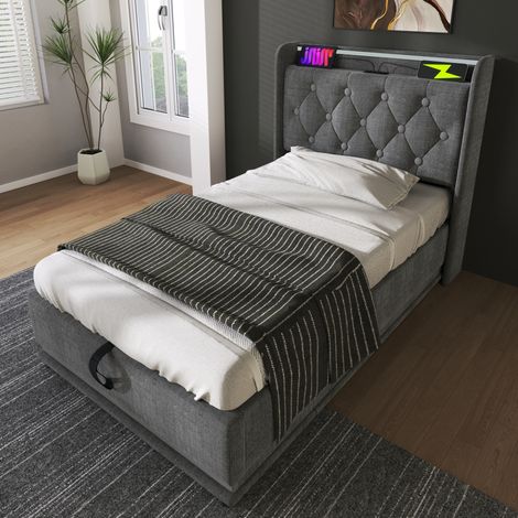 Cama dormitorio con almacenaje LED USB lino gris OKMYHOME (1/5)