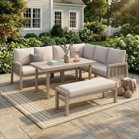 Set da tavolo per il giardino, mobili per esterni, 8 posti, configurazione angolare, ferro zincato, tavolo con vetro, corda PE intrecciata manualmente, include tavolo, sedute e divano, colore kaki.