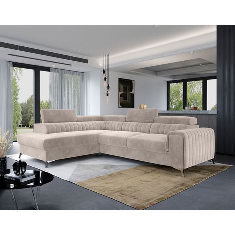 Bestmobilier – Canapé d'angle gauche 5 places convertible avec coffre – Velours beige – Dimensions 278x205cm – Têtières réglables – Fabrication européenne (1/5)