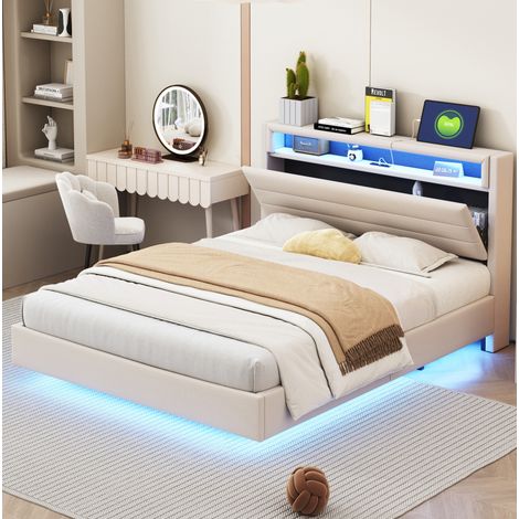 Letto imbottito 140x200 cm beige in tessuto, USB e luci LED (1/5)