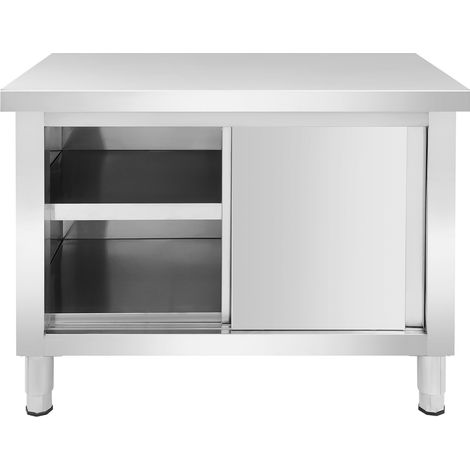 Table de travail en acier inoxydable, armoire à 2 niveaux avec étagère inférieure et portes coulissantes, table de cuisine, Table de travail commerciale avec portes - 100 x 60 x 80 cm (1/5)