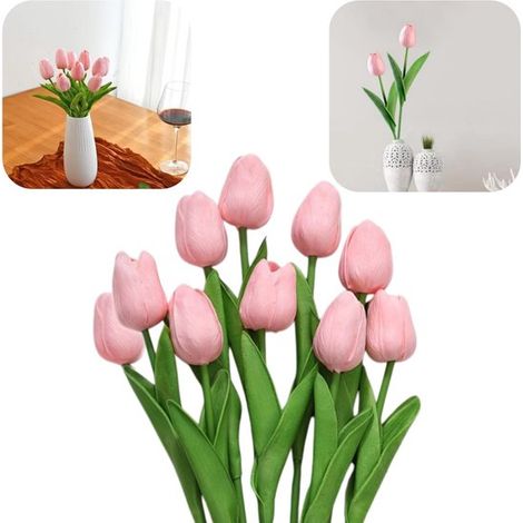 10 tulipes artificielles Bouquet de fleurs artificielles Décoration de vase Tiges flexibles (33 cm Rose) (1/5)