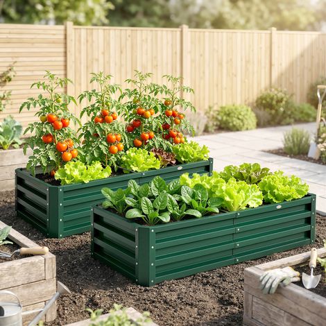 Lot de 2 Carrés Potagers de Jardin Rectangulaires, Tôle d'Acier Ondulée, 120 x 60 x 30,5 cm, Vert Foncé (1/5)