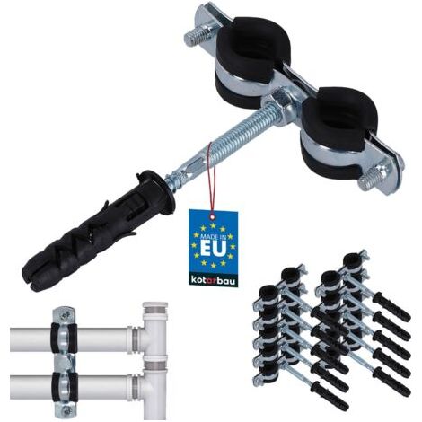 10 pces. Collier de Serrage Tuyau - Acier Galvanisé - 3/8" - Double - Fixation pour Tube - Collier de Fixation - avec Joint en Caoutchouc - Fixation pour Tube - avec Chevilles - Noir Argenté-NANOTEH (1/5)