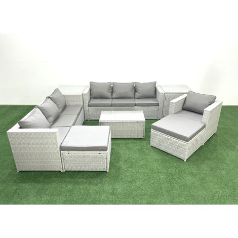 Fimous Meubles d'extérieur en rotin avec Fauteuil Table basse oblongue 2 Grand tabourets 2 Tables d'appoint Gris clair mixte (1/4)