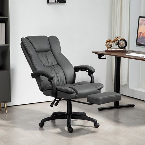 Sillón giratorio regulable con reposapiés, reposacabezas, función de masaje, piel sintética, 68,5 x 68,5 x 113-121 cm, gris oscuro.
