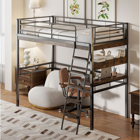 Cama alta infantil 90x200 cm metal negro, ahorro de espacio, sin colchón FloraGrace (1/5)