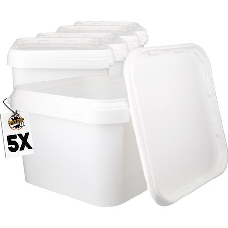 5 Seau en plastique avec couvercle, PP, carré, blanc, qualité alimentaire 3,5 L