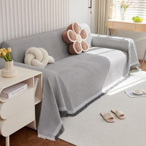 Manta y cubrecama grande de tela tipo gofre, protector de sofá, manta lavable para sofá, manta para sofá con delicados flecos 180 x 130 cm - Gris (1/4)