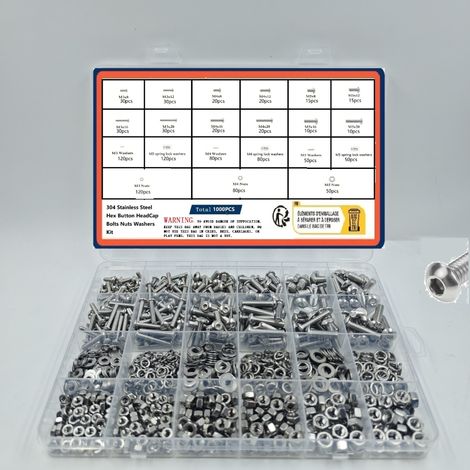 1000 Edelstahl-Flachkopfschrauben 304, metrisches Schrauben-Set M3/M4/M5 mit Muttern und Unterlegscheiben, komplettes Set für Heimwerken, Reparaturen und Montage (1/5)