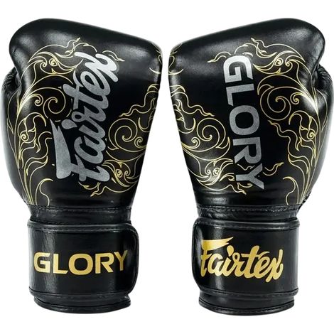 Guanti da kickboxing Fairtex Glory per allenamento e competizione, 14 oz, neri/oro (1/5)