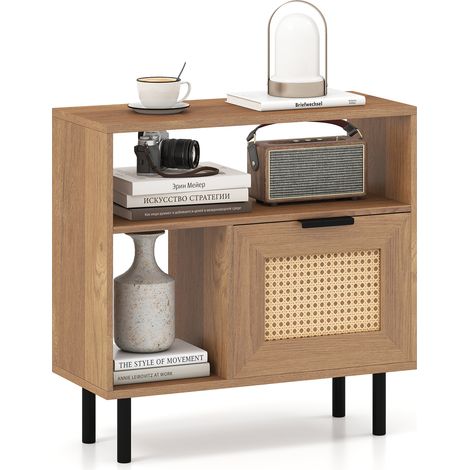 COSTWAY Modern Nightstand Boho Rattan Side End Table w/ Storage Shelf-Natural