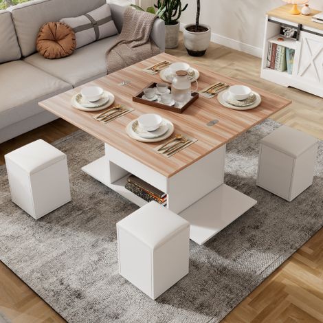 Tavolino regolabile in altezza, tavolino multifunzionale 3 in 1, tavolino da soggiorno con contenitore, convertibile in tavolo da pranzo/tavolo da lavoro con rotelle e 4 sgabelli, 100x50x48 cm, bianco (1/5)