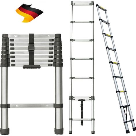 Échelle télescopique de 2,6 m en acier inoxydable de haute qualité, 9 marches, échelle à coulisse, échelle pliante antidérapante, escabeau, échelle polyvalente Capacité de charge jusqu'à 150 kg  Échel
