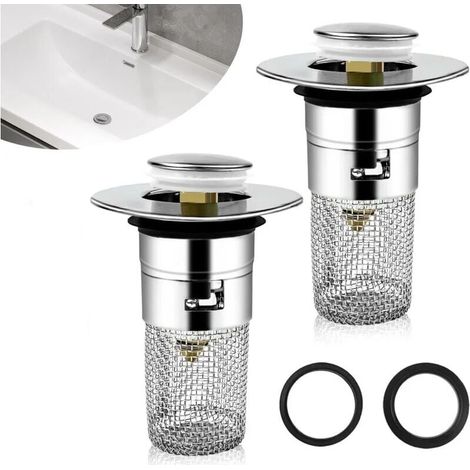 2pcs Bonde de lavabo, Bonde Lavabo avec Filtre Amovible 33-40mm, Bouchon Lavabo Salle de Bain Universel Pop Up, Filtre De Drainage De Sol en Acier Inoxydable pour Bain, Cuisine (1/5)