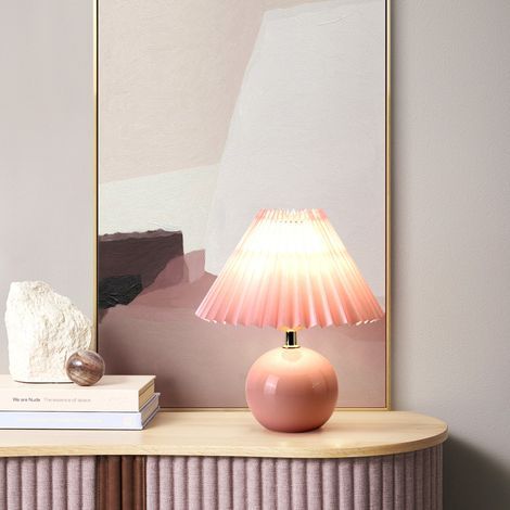 Lámpara de mesa plisada linda de estilo vintage con base de cerámica rosa y pantalla plisada rosa