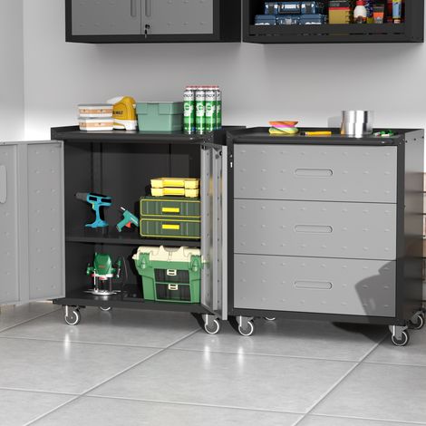 Armoire à outils en métal robuste avec roulettes – Armoire à outils à 3 tiroirs,75 × 42 × 88 cm,Noir/Gris,pour garage,bureau et foyer