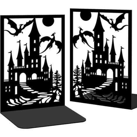 Serre-livres en métal (lot de 2) - Serre-livres robustes ornés de motifs de dragons, pour le rangement sur bureau (1/5)