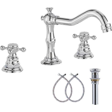 Rubinetto moderno con maniglia a croce in ottone cromato - argento, tre fori, girevole a 360°, adatto per lavabi e lavandini (1/4)