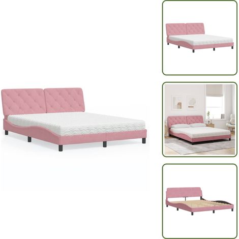 The Living Store Lit avec matelas rose 160x200 cm velours - Matelas en mousse (1/5)
