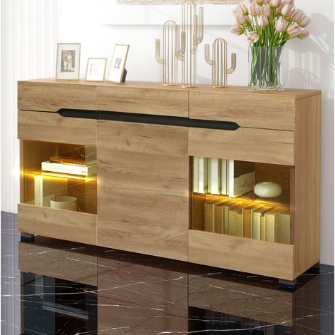 Buffet vitrine 140x35x80 cm en bois couleur chêne, avec rangement pour salon FloraGrace (1/5)