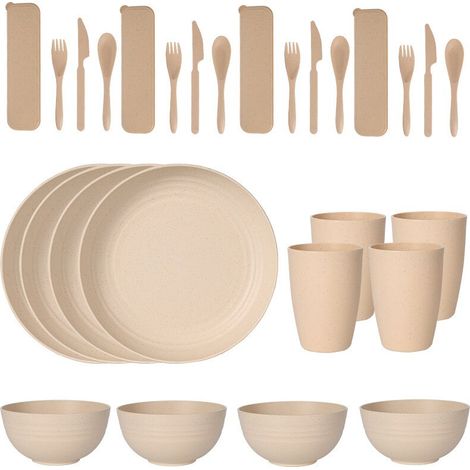 (Beige) Ensemble de couverts en plastique de 24 pièces, comprenant assiettes, tasses, cuillères et couteaux. (1/5)