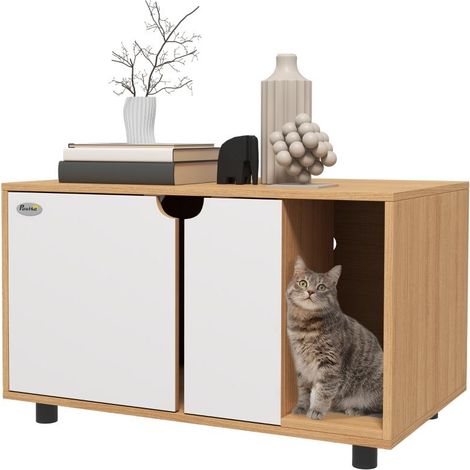 Meuble à litière pour chat 2 en 1 sur pieds style scandinave naturel et blanc 80 x 48 x 48 cm maison de toilette élégante (1/5)
