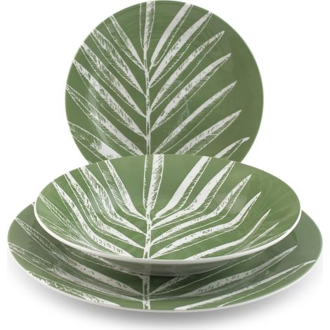 H&H Servizio Tavola Minty Foliage in Porcellana Decorata 18 Pezzi – 6 Piatti Piani 27 cm, 6 Piatti Fondi 23 cm, 6 Piatti Frutta 19 cm Forma Ala – Idoneo Lavastoviglie e Microonde (1/5)