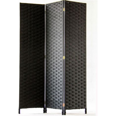Paravent de 3 pans tressé en fibres naturelles coloris noir - Dim : H180 x 135 cm