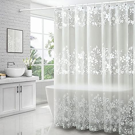 Rideau de douche antibactérien anti-moisissure, imperméable et opaque (motif fleurs blanches), 180 x 180 cm, avec anneaux de rideau de douche (1/5)