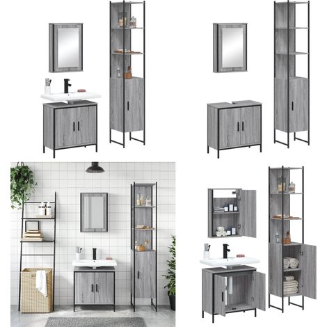 3-tlg. Badmöbel-Set Grau Sonoma Holzwerkstoff - Badezimmer-Spiegelschrank - Waschbeckenunterstuhl (1/5)