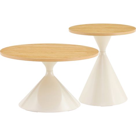 Set de 2 mesas de centro redondas nido con tablero de melamina efecto madera y base metálica crema (1/5)