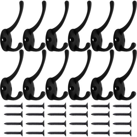 Packung mit 12 schwarzen Wandhaken inklusive 24 Schrauben, Retro-Doppelhaken, schwarze Universalhaken für Mäntel, Schals, Taschen, Handtücher, Schlüssel, Mützen, Tassen und Hüte. (1/4)