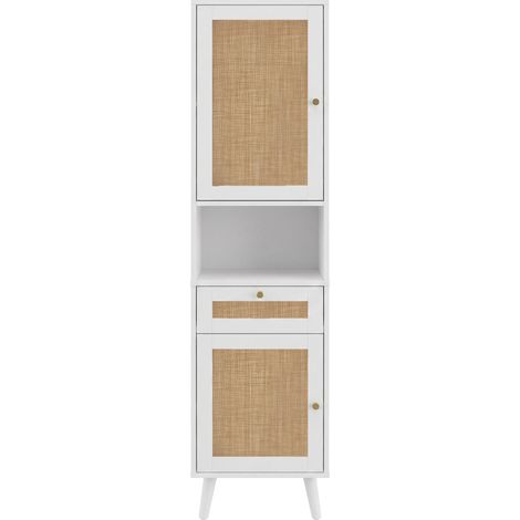 166 cm hoher Badschrank, weiß, mit Tür in Rattanoptik, Schublade und Soft-Close (1/5)