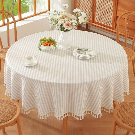 Nappe Ronde Coton 140cm, Nappes en Lin Nappe Boheme Nappe Table Ronde pour Décoration de Table à Manger de Cuisine (Couleur Beige) (1/5)