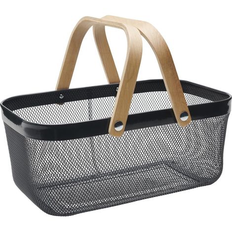 Panier Métal 16L - Ajouré Gris - Avec Anses Bois - Panier Rangement Cuisine Salle de Bain - Corbeille Fruits Légumes - Panier Polyvalent Décoration Maison - Grande Capacité - Garantie 5 Ans - 040725 (1/5)