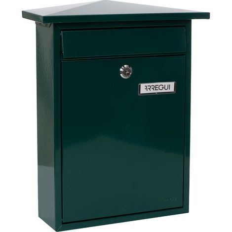 ARREGUI Home E5713 Briefkasten aus Verzinktem Stahl, Größe M (DIN A4 Post), Wandbriefkasten für den Außenbereich mit Namensschild, Einwurfklappe und Schutzdach, Schmaler Postkasten, Grün