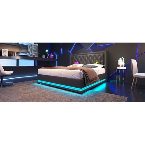 Lit double 160×200 cm, PU noir, stockage hydraulique. Dessus coussinets, LED sur trois côtés, sans matelas. (1/5)