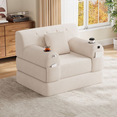 Fauteuil convertible lit , 1 place, sans assemblage, avec coussins,Beige,107 x 80 x 81 cm (1/5)