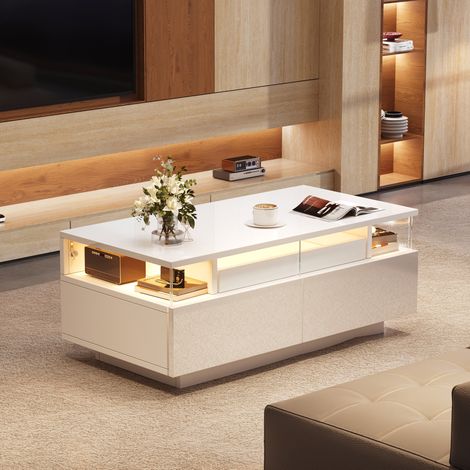 Table basse avec 2 tiroirs, plateau amovible, LED et verre trempé 90 x 45 x 35,5 cm blanche DESVIAE (1/5)