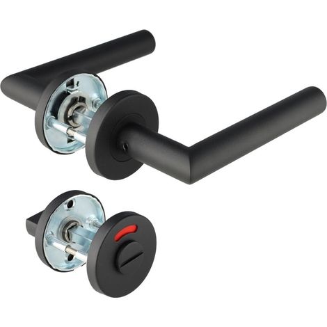 Poignée de porte noire en acier inoxydable - Poignée de porte noire - Modèle T - EN1906 classe 3 - Paire de poignées de porte avec verrouillage WC - Poignée de porte pour portes (1/5)
