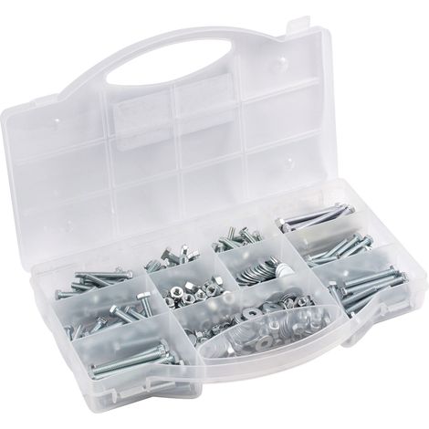 Assortiment de 420 vis filetées – Différentes tailles – Six extérieur – Filetage complet – DIN 933/934 / 9021 – Galvanisé – Avec écrous/jeu de vis/boîte de rangement (1/2)