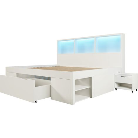 GagaLit 140x190 cm avec rangement, LED, USB-C, chevet mobile, blanc (1/5)