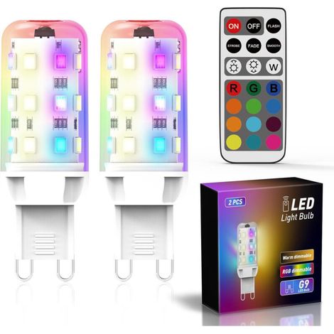 Lot de 2 ampoules LED G9 RGB – 2,5W dimmables – 200 lm – Équivalent 20W halogène – 3000K blanc chaud – Avec télécommande – Pour déco maison et fêtes (1/5)