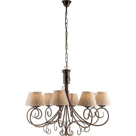 Lampadario in ferro laccato marrone con decorazione oro antico e paralumi diametro 13 in pvc effetto tessuto juta 8 luci (1/3)